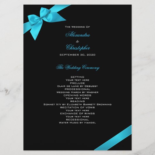 Turquoise Ribbon Wedding Programme Programmakaart (Voorkant)