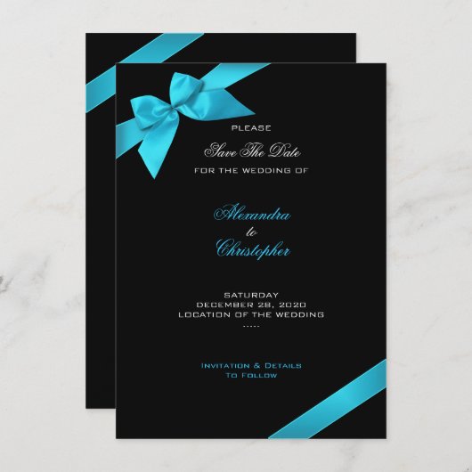 Turquoise Ribbon Wedding Save the Date 2 (Voorkant / Achterkant)