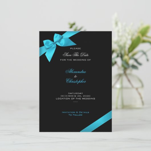 Turquoise Ribbon Wedding Save the Date 2 (Staand voorkant)