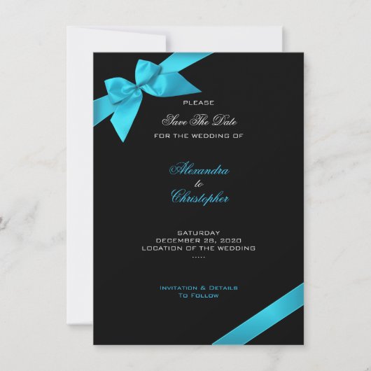 Turquoise Ribbon Wedding Save the Date 2 (Voorkant)