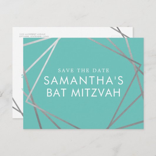 Turquoise Robin Egg Blue Bat Mitzvah Save the Date Aankondigingskaart (Voorkant / Achterkant)
