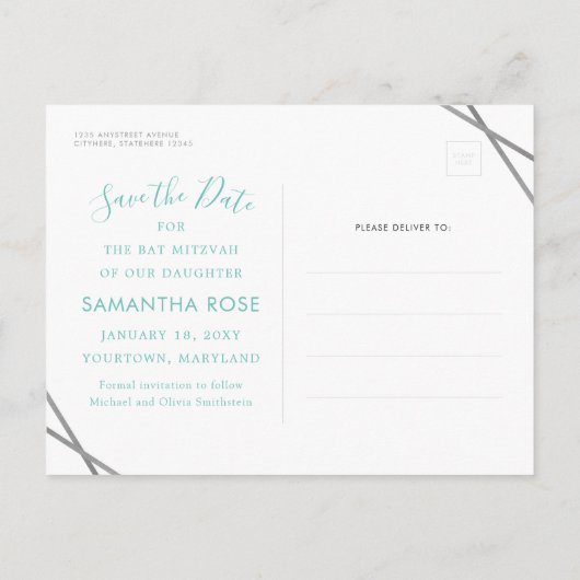 Turquoise Robin Egg Blue Bat Mitzvah Save the Date Aankondigingskaart (Achterkant)