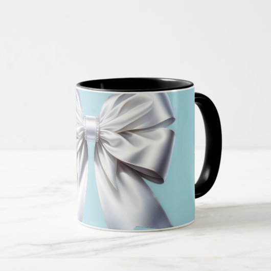 Turquoise Robin's Egg Blue Big White Bow Bridal Mok (Voorkant rechts)