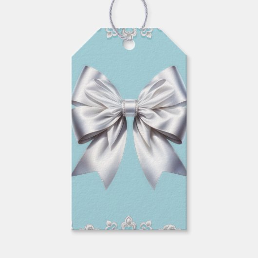 Turquoise Robins Ei Blauw Grote Witte Strik Bruids Cadeaulabel (Voorkant)
