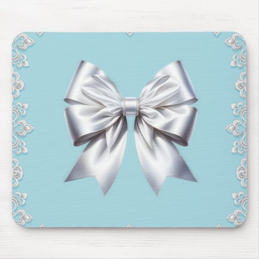 Turquoise Robins Ei Blauw Grote Witte Strik Bruids Muismat (Voorkant)
