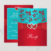 Turquoise, Rode Bloemen, Harten Huwelijksreactieka RSVP Kaartje (Voorkant / Achterkant)