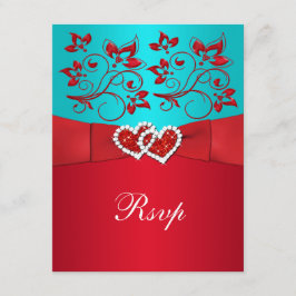 Turquoise, Rode Bloemen, Harten Trouwkaart Antwoor RSVP Kaartje