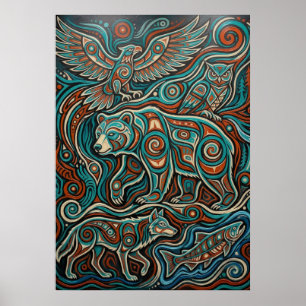 Turquoise & Rode Geest Dieren Kunstwerk Poster