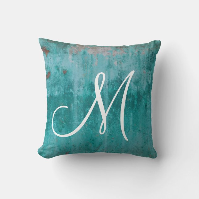 Turquoise roest monogram kussen (Voorkant)