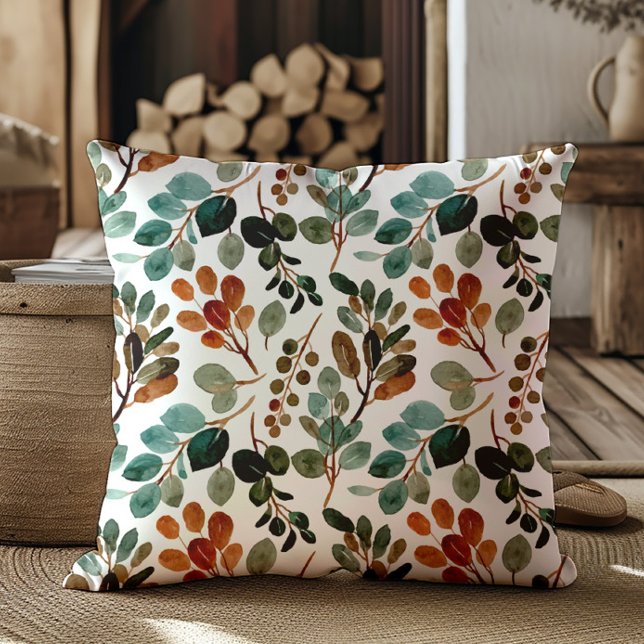 Turquoise Roest Sage Groen Bruine Bladeren Herfst Kussen (Elegant teal, rust, sage green, and brown leaves decorator pillow)