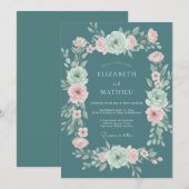 Turquoise Romantische Bloeiende Bruiloft Kaart (Voorkant / Achterkant)