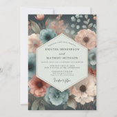 Turquoise Romantische Bloeiende Huwelijksbloemen Kaart (Voorkant)