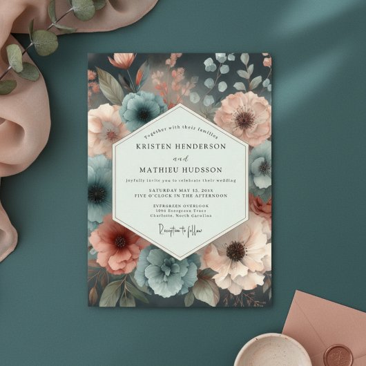 Turquoise Romantische Bloeiende Huwelijksbloemen Kaart