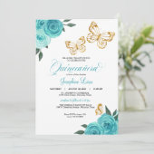 Turquoise Roos Gold Butterfly Quinceañera Birthday Kaart (Staand voorkant)