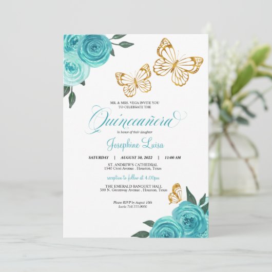 Turquoise Roos Gold Butterfly Quinceañera Birthday Kaart (Staand voorkant)