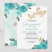 Turquoise Roos Gold Butterfly Quinceañera Birthday Kaart (Voorkant / Achterkant)