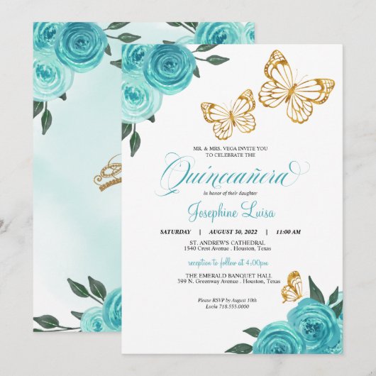 Turquoise Roos Gold Butterfly Quinceañera Birthday Kaart (Voorkant / Achterkant)