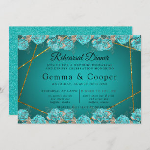 Turquoise Roos Gold Geometric Rehearsal Dinner Kaart