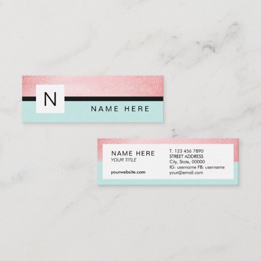 Turquoise Roos Gold Monogram Mini Visitekaartje (Voorkant / Achterkant)