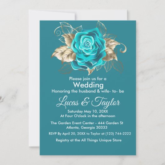 Turquoise Roos & gouden veren bruiloft uitnodiging (Voorkant)