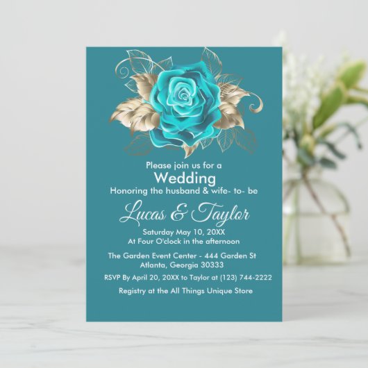 Turquoise Roos & gouden veren bruiloft uitnodiging (Staand voorkant)