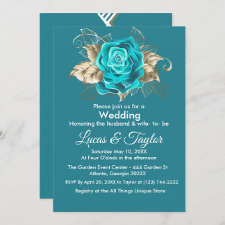 Turquoise Roos & gouden veren bruiloft uitnodiging