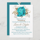 Turquoise Roos & gouden veren bruiloft uitnodiging (Voorkant / Achterkant)