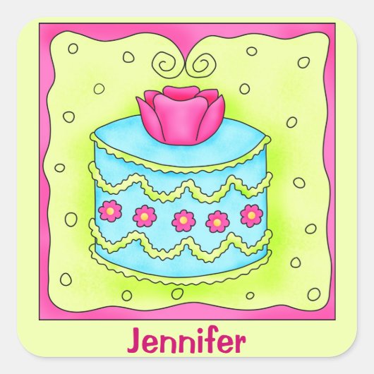 Turquoise Roos Happy Birthday Cake Monogram Vierkante Sticker (Voorkant)