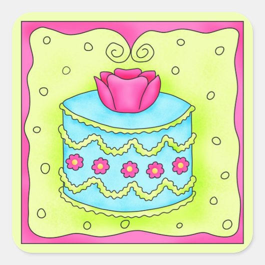 Turquoise Roos Happy Birthday Cake Vierkante Sticker (Voorkant)