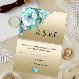 Turquoise Rose Boeket Gouden Bruiloft RSVP Kaartje
