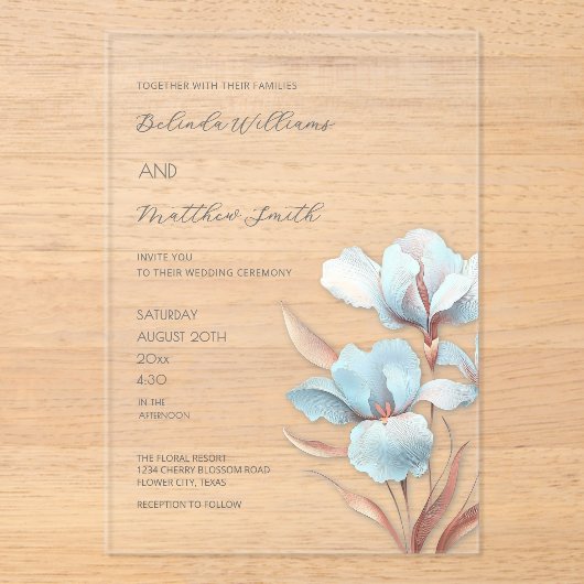 Turquoise Rose Gold 3D Flowers White Acryl Uitnodigingen (Voorkant)
