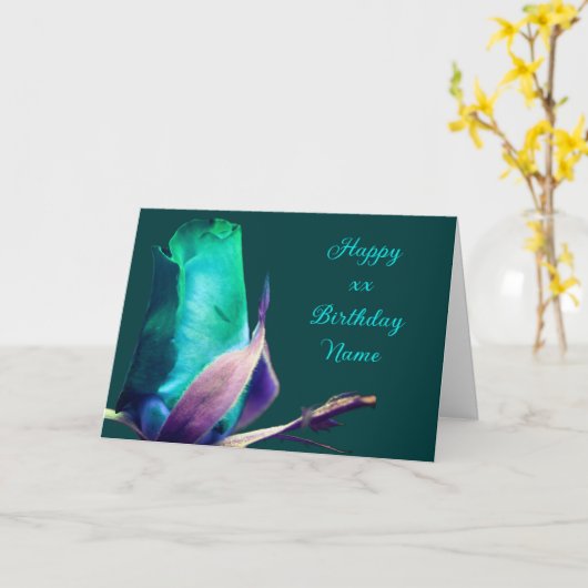 Turquoise Rosebud bloem gepersonaliseerde verjaard Kaart (Gele Bloem)