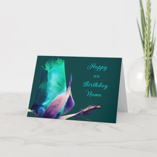 Turquoise Rosebud bloem gepersonaliseerde verjaard Kaart (Voorkant)