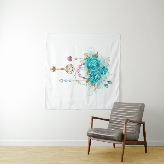 Turquoise Roses with Keys Wandkleed (In Situ (horizontaal))
