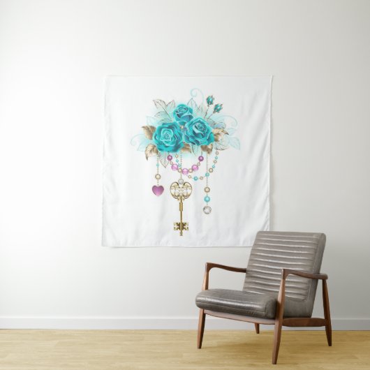 Turquoise Roses with Keys Wandkleed (In situ)