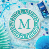 Turquoise Round Greek Key Border Monogram Papieren Bordje (Feest)