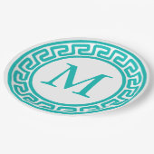 Turquoise Round Greek Key Border Monogram Papieren Bordje (Gekanteld)