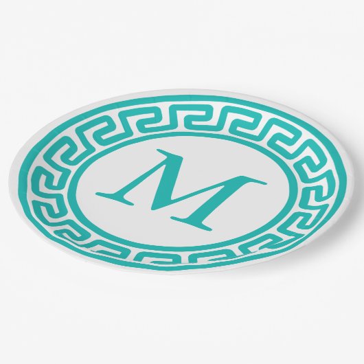 Turquoise Round Greek Key Border Monogram Papieren Bordje (Gekanteld)