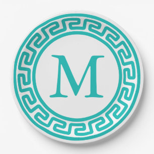 Turquoise Round Greek Key Border Monogram Papieren Bordje