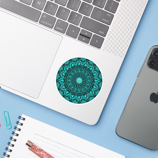 Turquoise Round Mandala elegant Sticker (Laptop met iPhone)