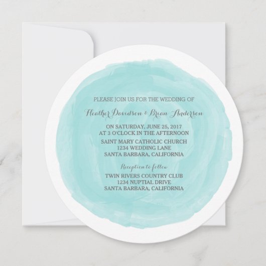 Turquoise Round Waterverf Wedding Invite Kaart (Voorkant)