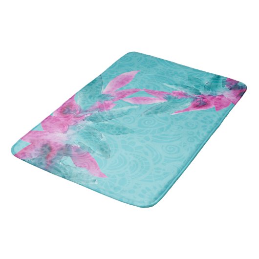 Turquoise Roze Abstracte Hawaiaanse Bloemen Badmat (Gekanteld)