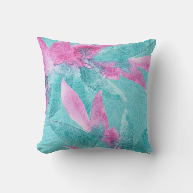 Turquoise Roze Abstracte Hawaiaanse Bloemen Buitenkussen (Voorkant)
