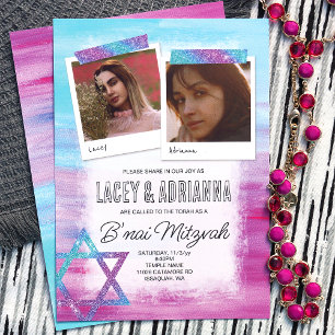 Turquoise, roze, blauwe glitter B'nai Bat Mitzvah Kaart