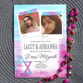 Turquoise, roze, blauwe glitter B'nai Bat Mitzvah Kaart