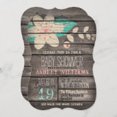 Turquoise & Roze Bloem op Rustiek Hout Baby shower Kaart (Voorkant / Achterkant)