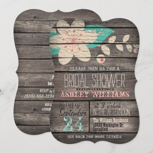 Turquoise Roze Bloem op Rustiek Hout Vrijgezellenf Kaart (Voorkant / Achterkant)