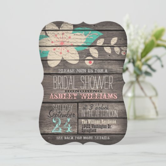 Turquoise Roze Bloem op Rustiek Hout Vrijgezellenf Kaart (Staand voorkant)