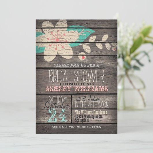 Turquoise, roze bloem; Rustiek houten Vrijgezellen Kaart (Staand voorkant)