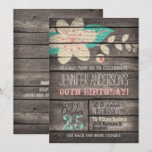 Turquoise, roze bloem, rustieke volwassen tienerve kaart (Voorkant / Achterkant)